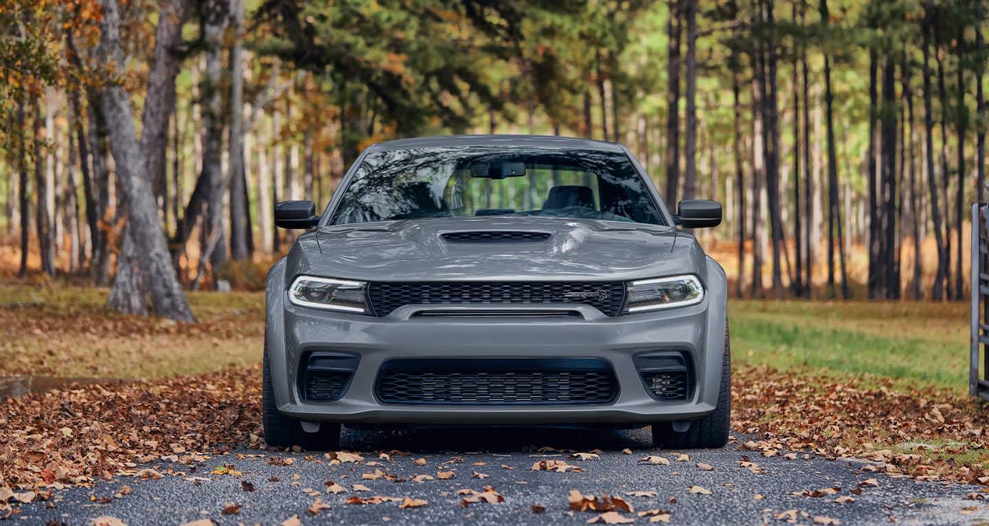 Display A head-on angle of a gray 2023 Dodge Charger SRT Hellcat parked on a road in the woods.