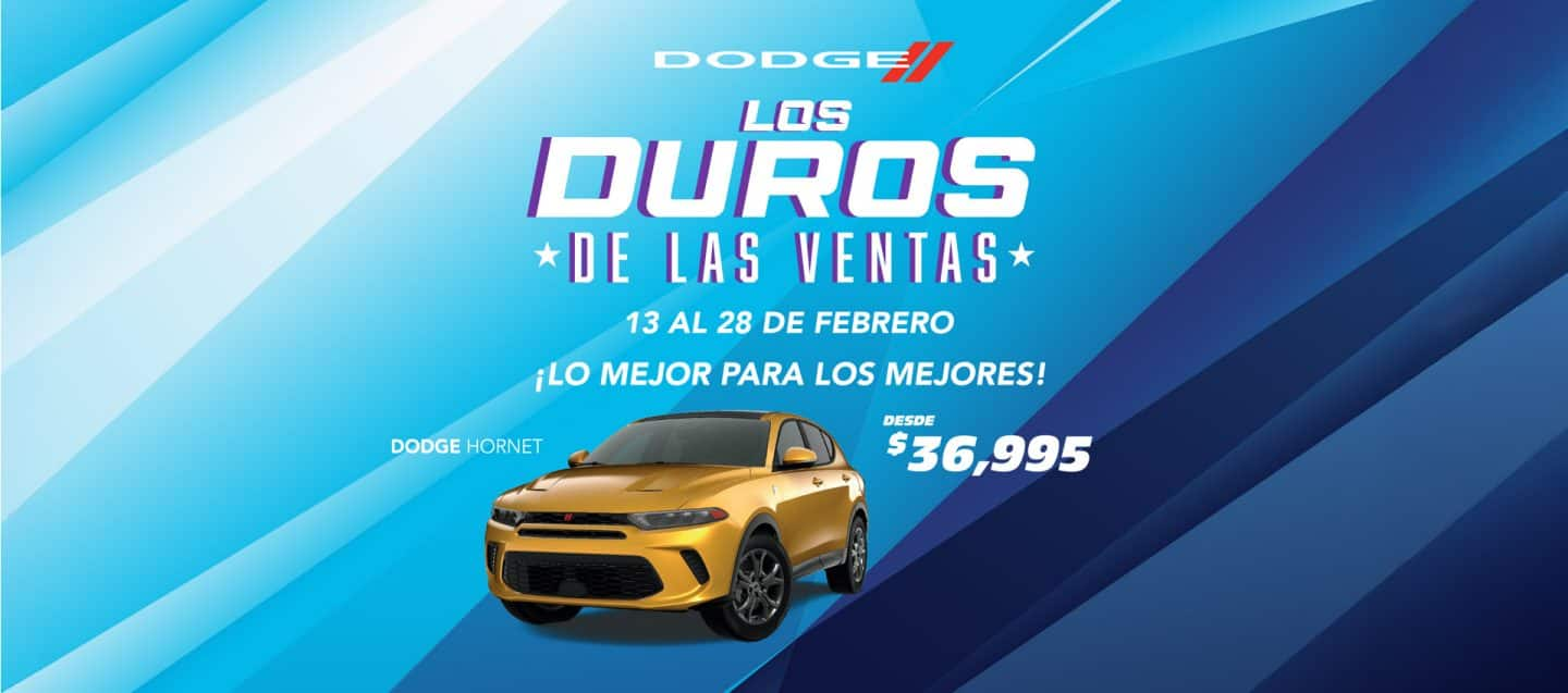 Background con tonos de color azul, logo de la campaña “Los Duros de las Ventas” con 1 modelo de Dodge, el Dodge Hornet acompañados por Jacky Fontanez. En el inferior botones de Test Drive y Concesionarios.