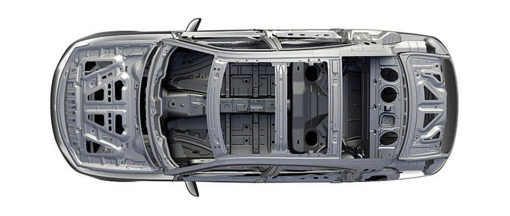 An overhead view of an illustration of the steel safety frame in the 2020 Dodge Charger.