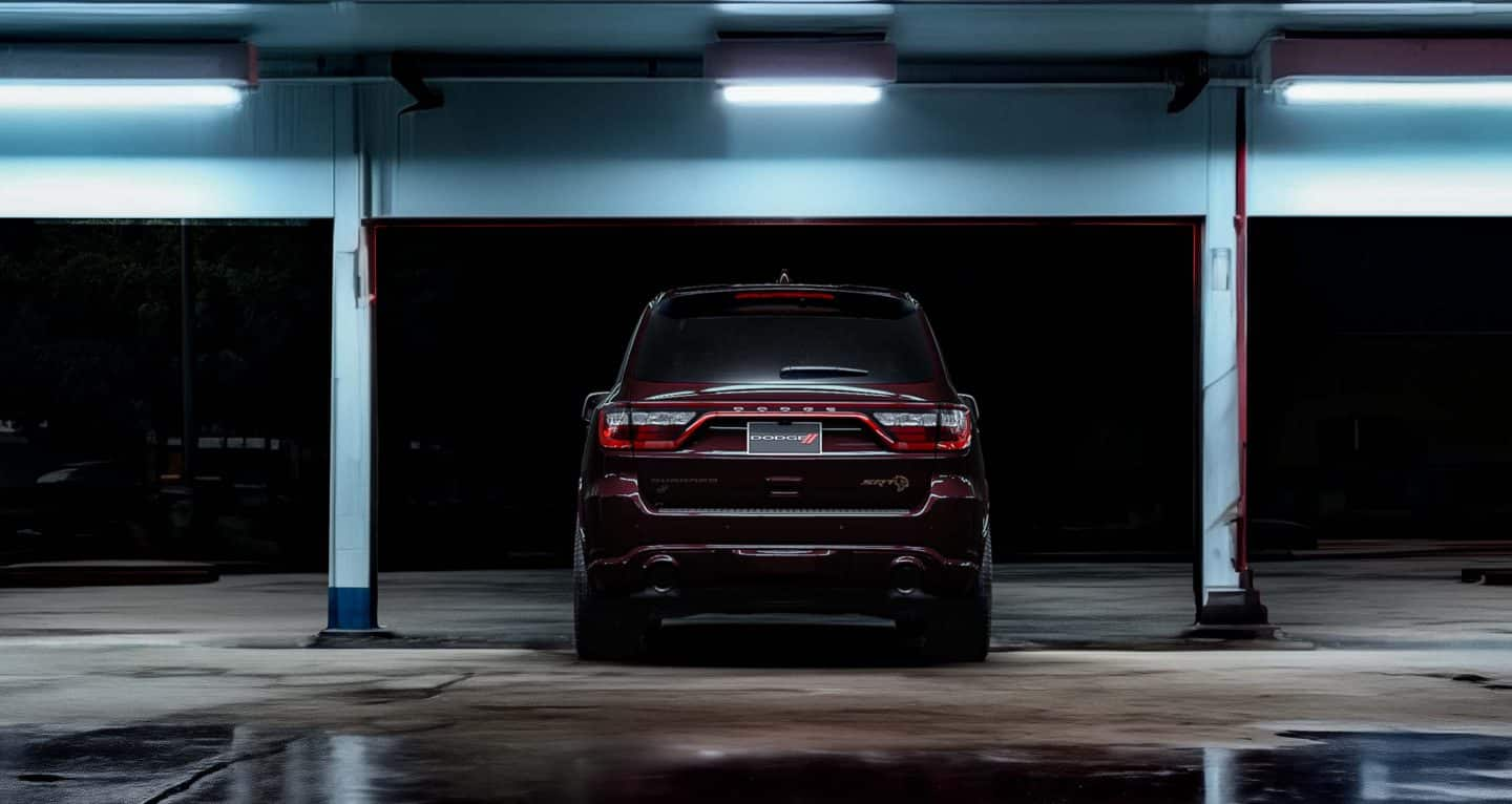 Display The rear of a black 2025 Dodge Durango R/T.