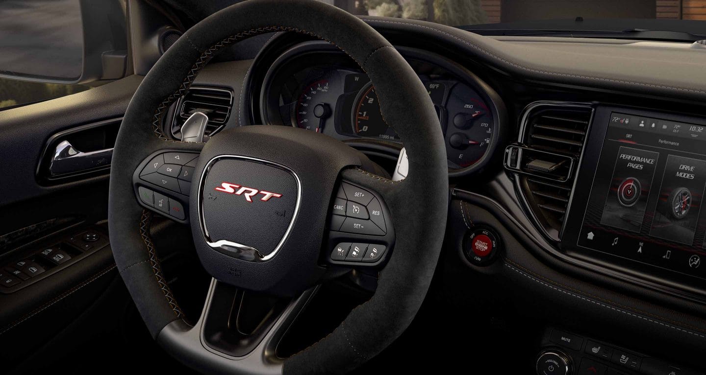 Display The SRT steering wheel in a 2025 Dodge Durango SRT Hellcat.